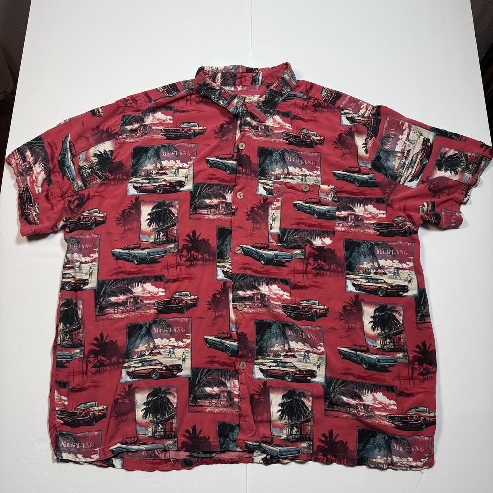 Joe Marlin Shirt Mens 4XL Red Hawaiian‎ Mustang Car Print Rayon Button Front